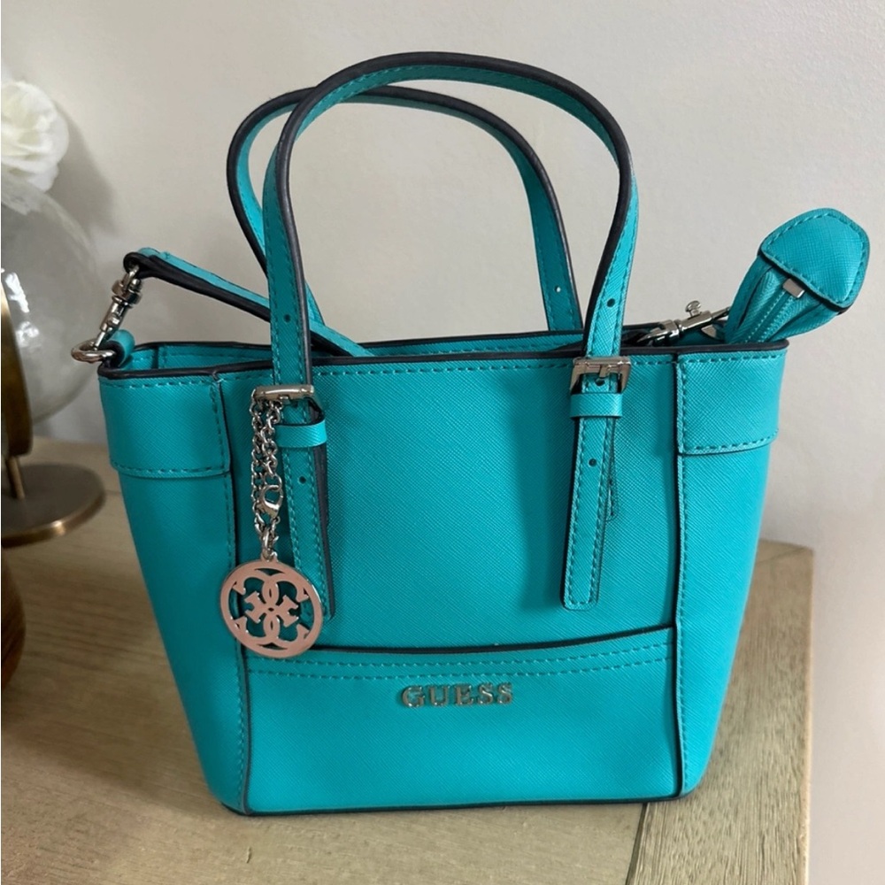 Guess Blue Mini Bag with Structured Design and Silver Hardware